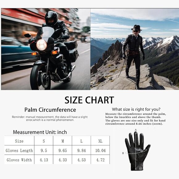 Men's Black Winter Warm Touch Screen Motor Soft Cashmere Lining Leather Gloves - Picture 7 of 8